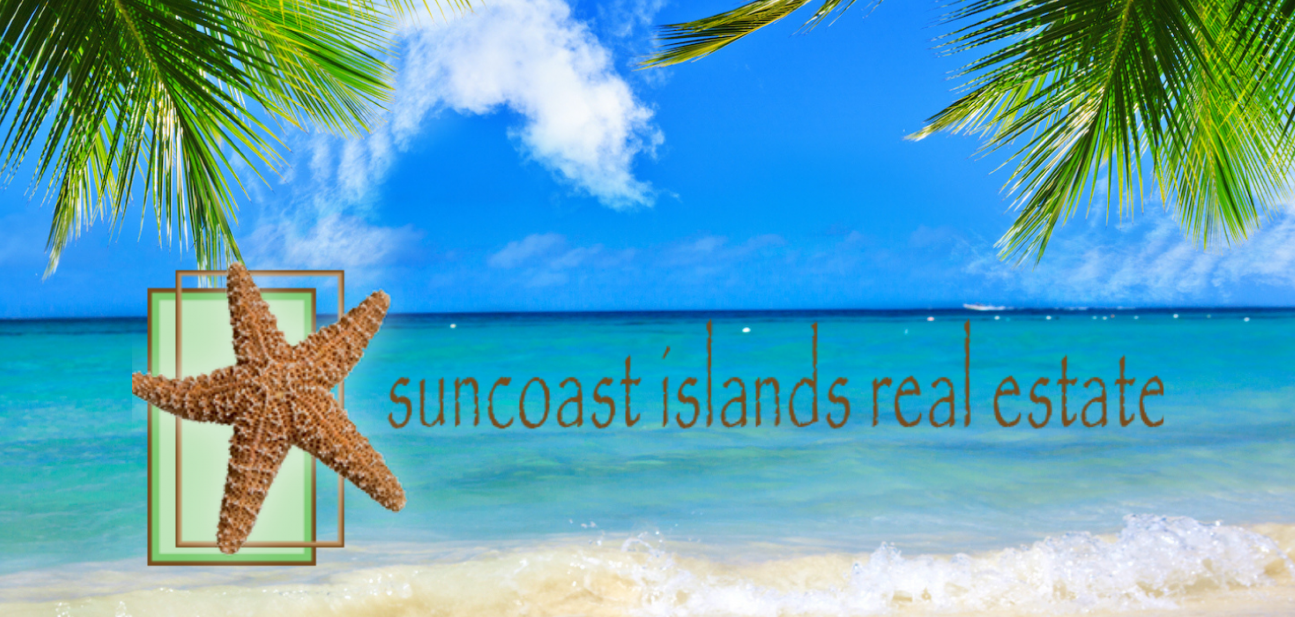 The Suncoast Islands Real Estate logo of a starfish over an image of an ocean and palm trees.